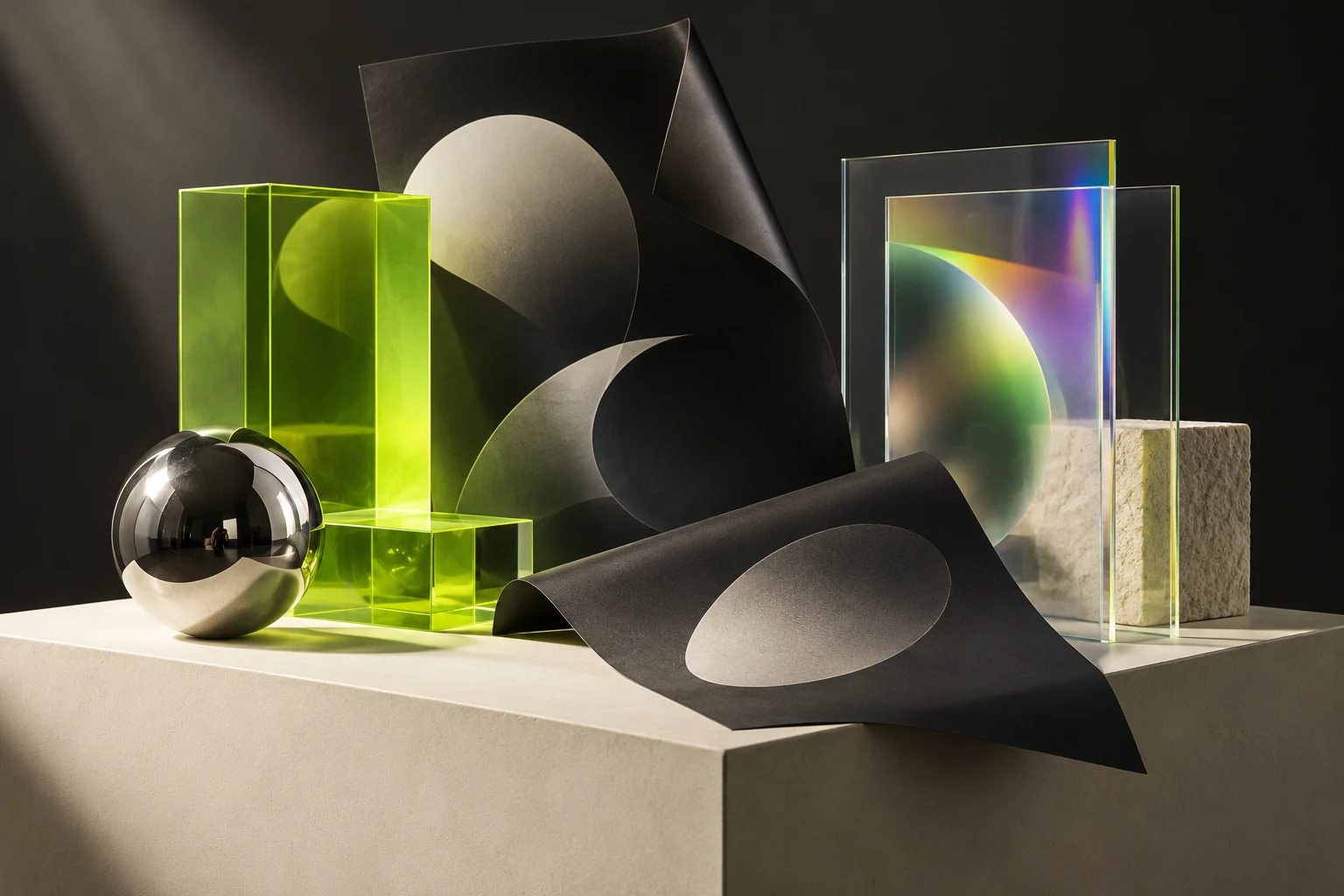 AI-generated sculptural creative studio with campaign materials and lime glass forms